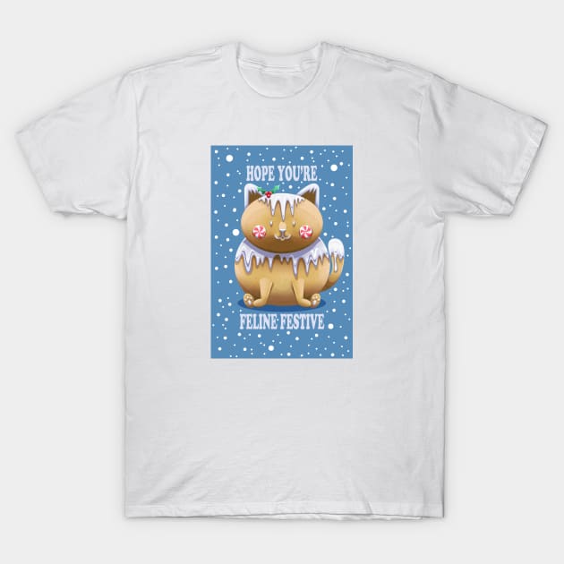 Feline Festive (with snowy background) T-Shirt by Art by Angele G